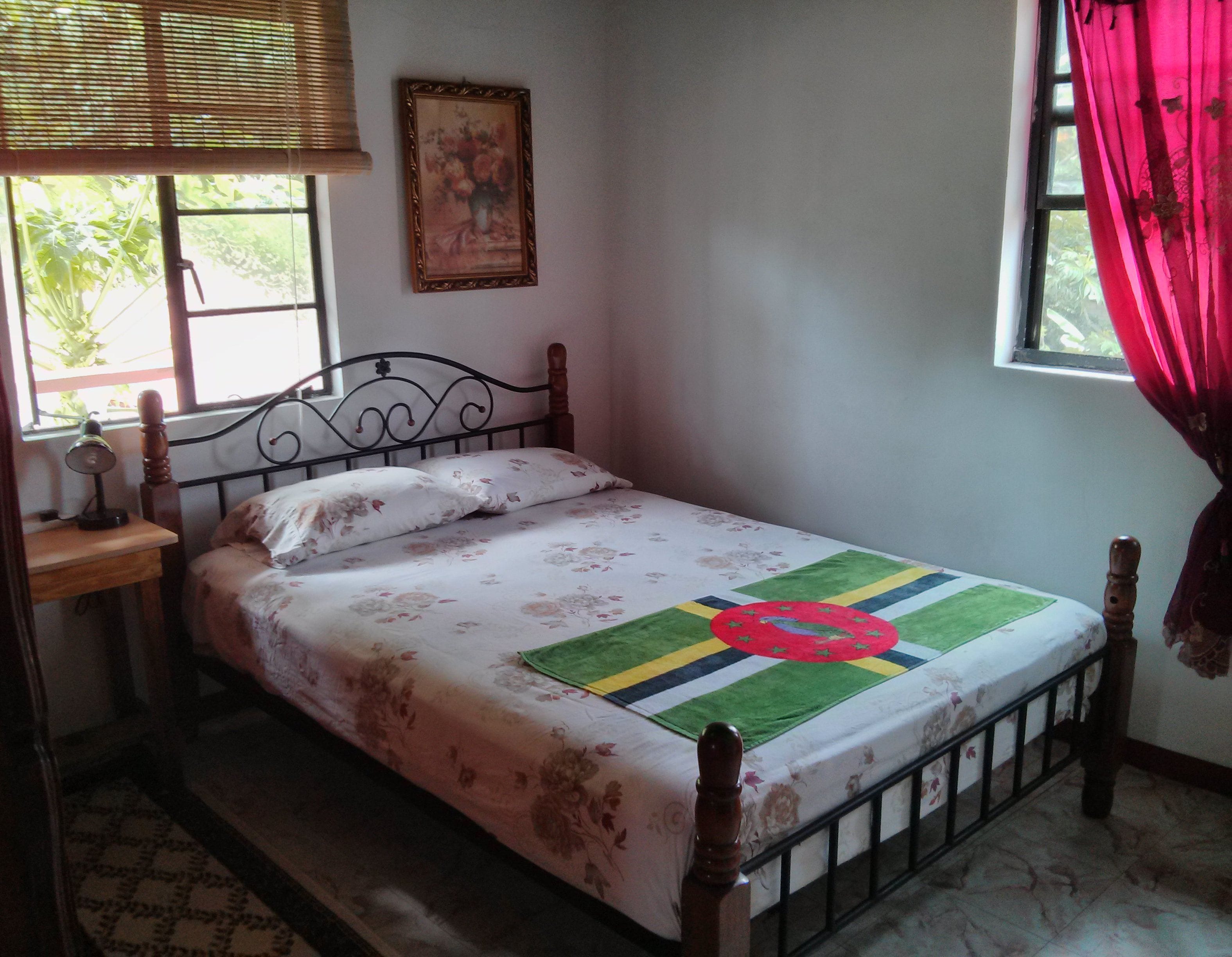 A single bed with a floral bedspread, a bedside table with a lamp, a framed picture on the wall, and a window with a red curtain.