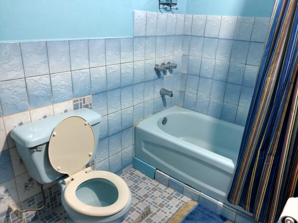 A bathroom with a toilet, bathtub, and shower curtain. - Mainroad Suite (Calibishie)