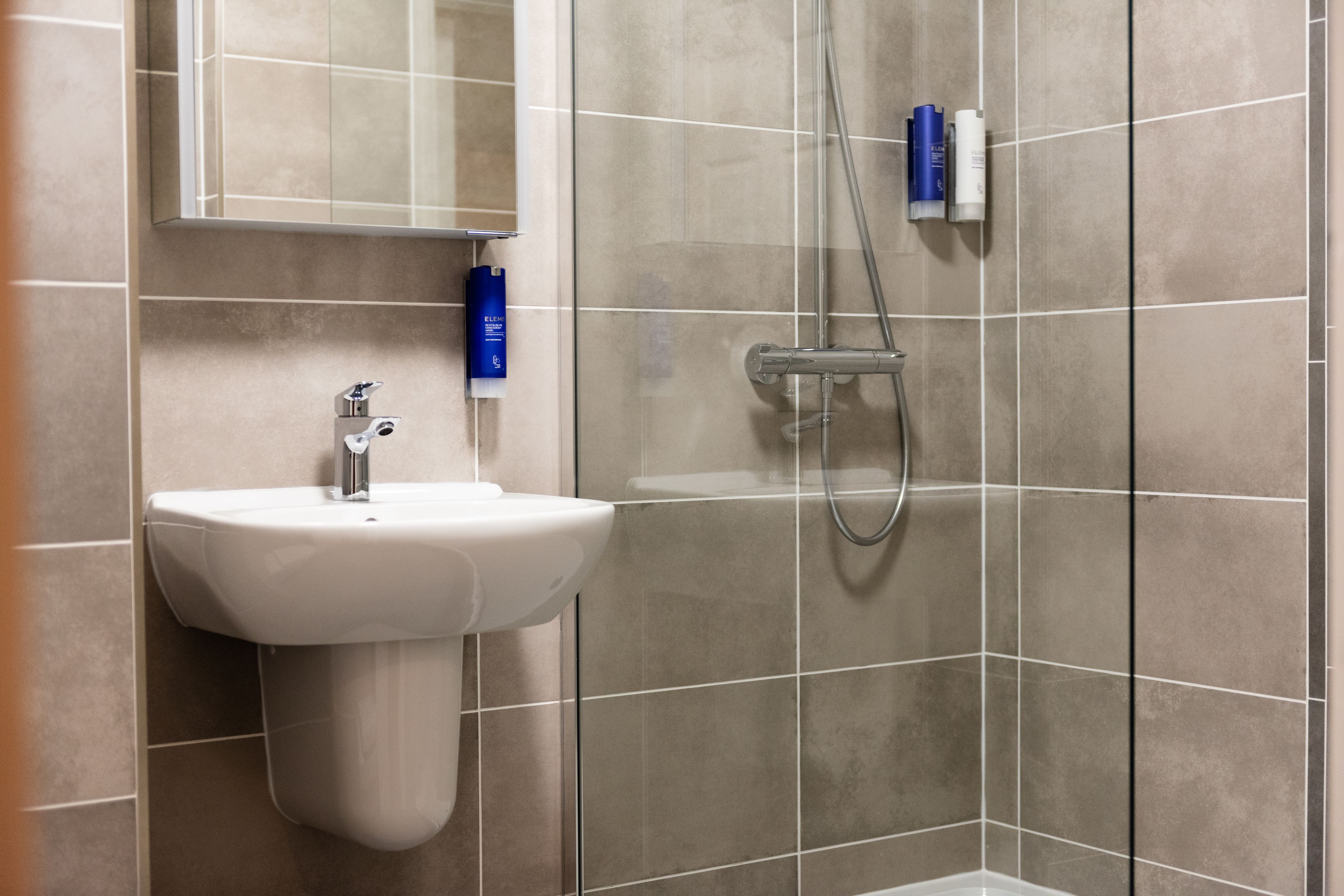A bathroom with a white sink, a mirror, and a shower with a handheld showerhead.
