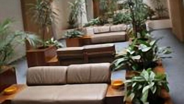 A multi-level atrium with a central seating area, surrounded by potted plants and natural light from skylights. - Suites Real 85 (Bogota)