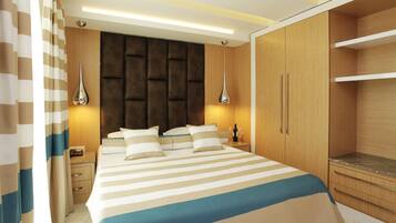 Un dormitorio moderno con una cama grande, un armario de madera y lámparas de noche.
