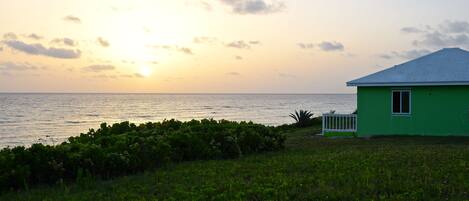 A green house with a white railing and a small garden in front, overlooking a body of water at sunset.