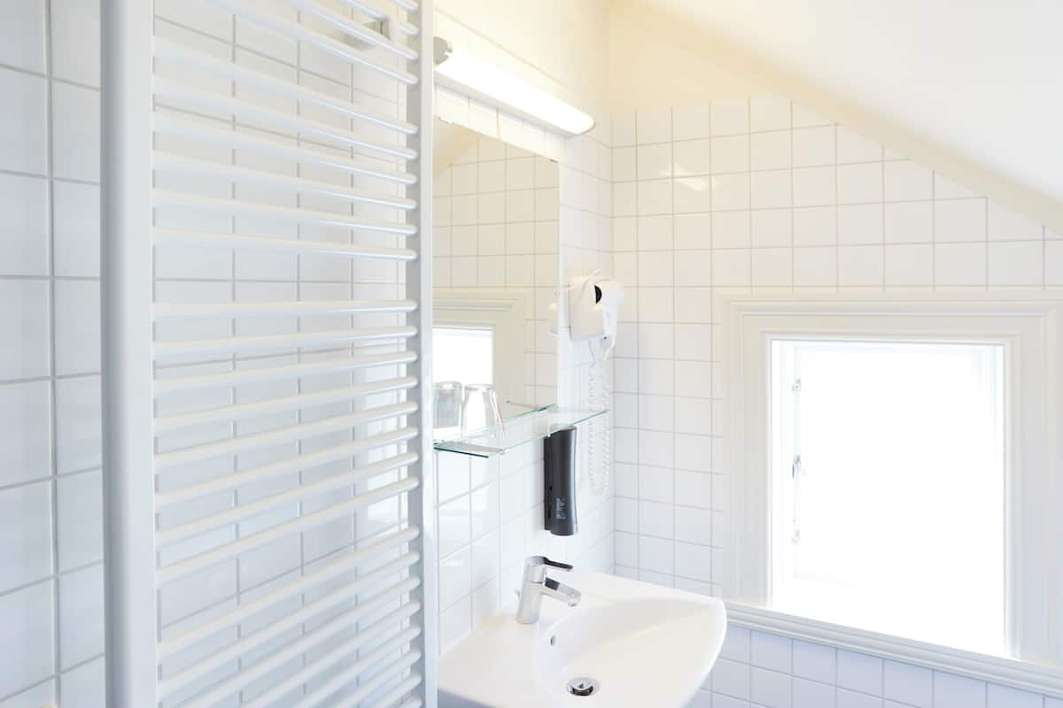 standard single room | bathroom | shower, hair dryer, towels