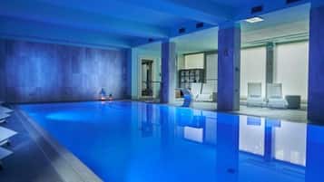Indoor pool, open 9:00 AM to 8:00 PM, sun loungers