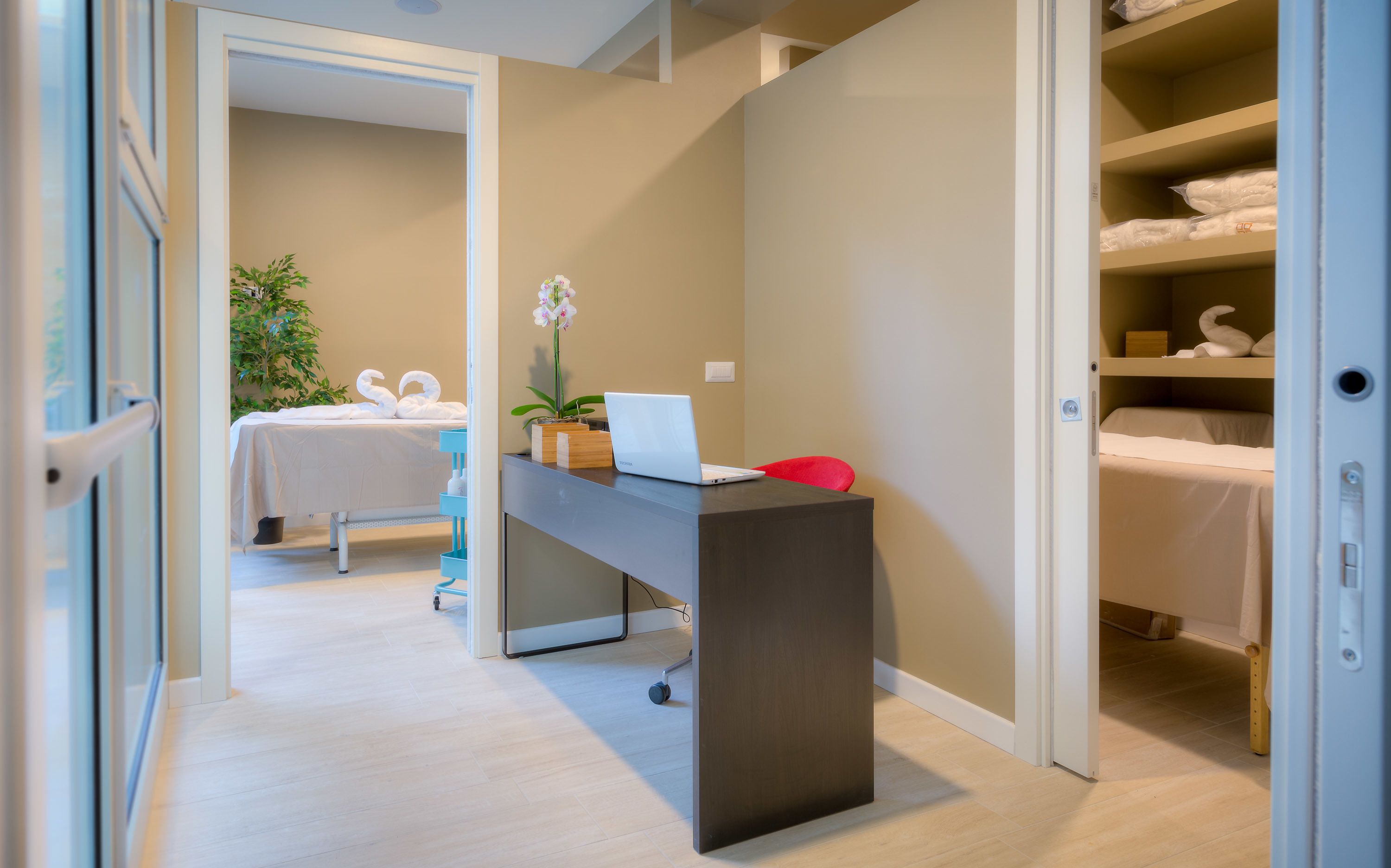 Habitación de hotel con escritorio, computadora portátil, planta, cama y armario.