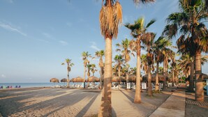 A beach with palm trees, sun loungers, and a wooden walkway. - Selectum Family Resort Belek (Serik)