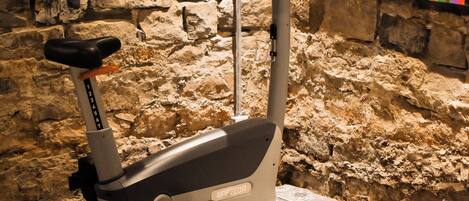 An exercise bike in a room with a stone wall and a colorful painting of a tiger.