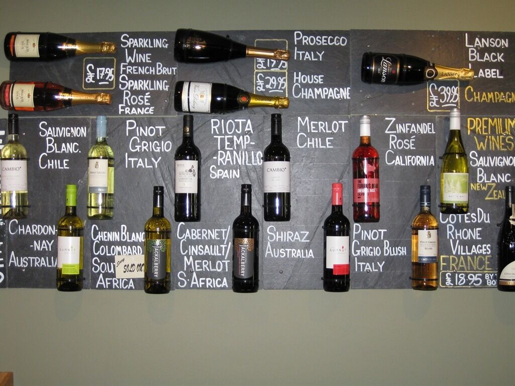 A wall with various wine bottles labeled with their names and prices.