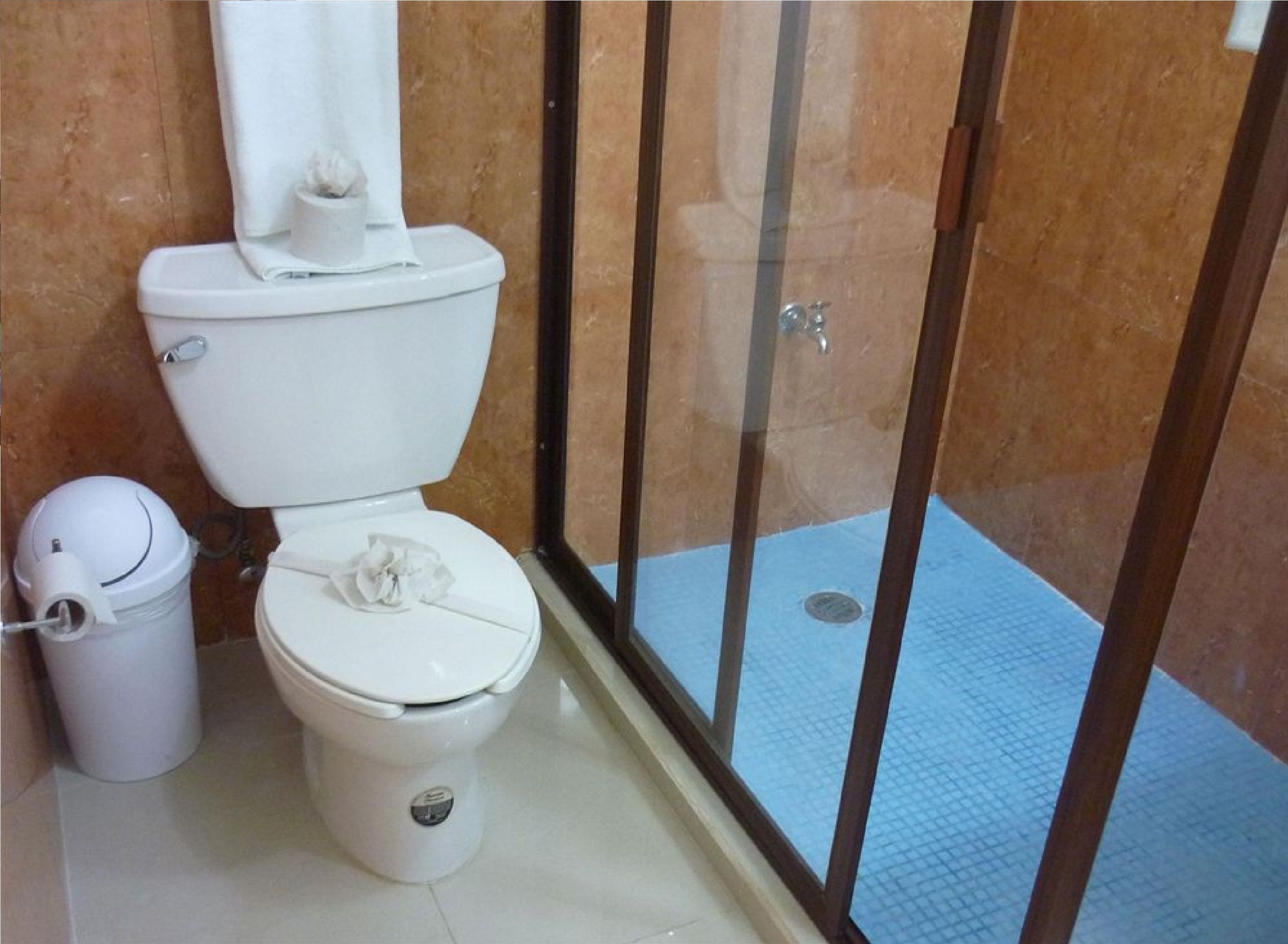 standard double room | bathroom | shower, heated floors, towels, soap