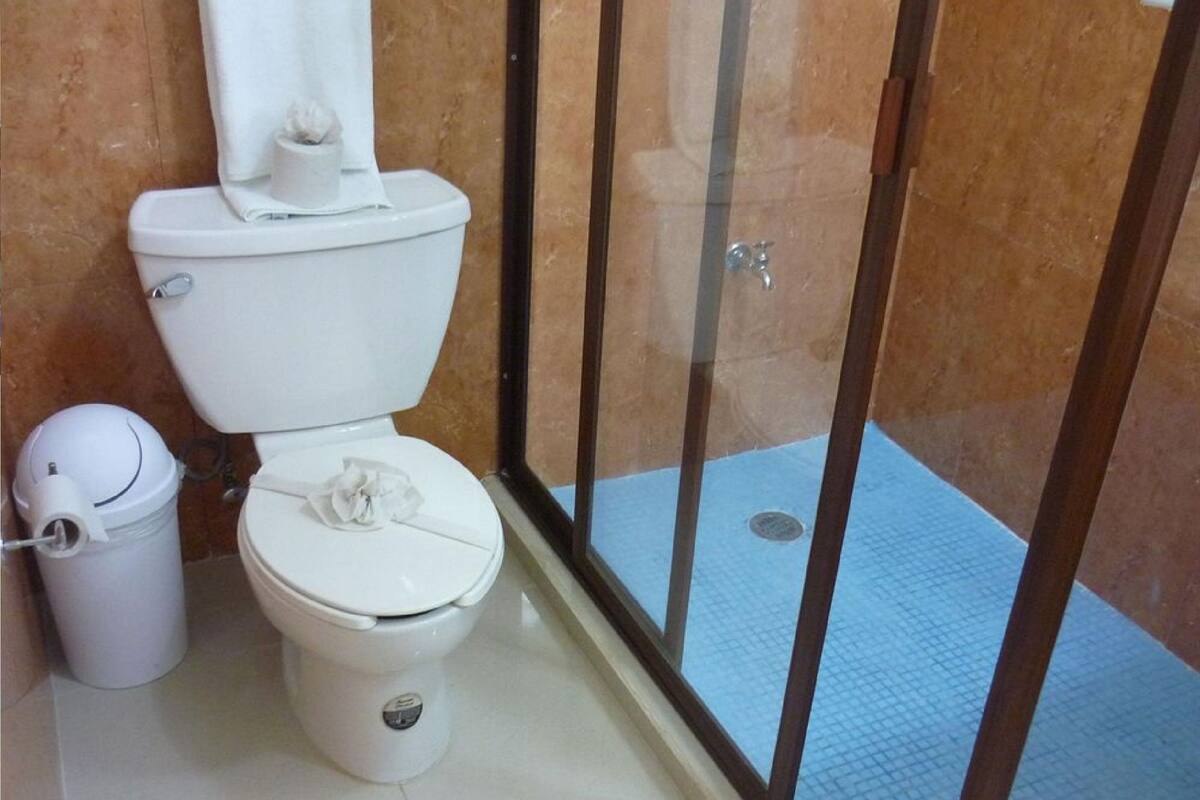 standard double room | bathroom | shower, heated floors, towels, soap