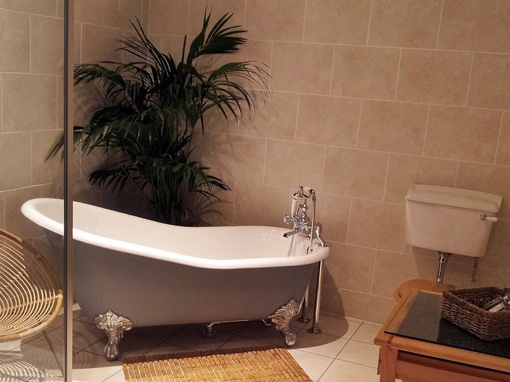 A bathroom with a freestanding bathtub, a toilet, a wicker basket, and a potted plant.