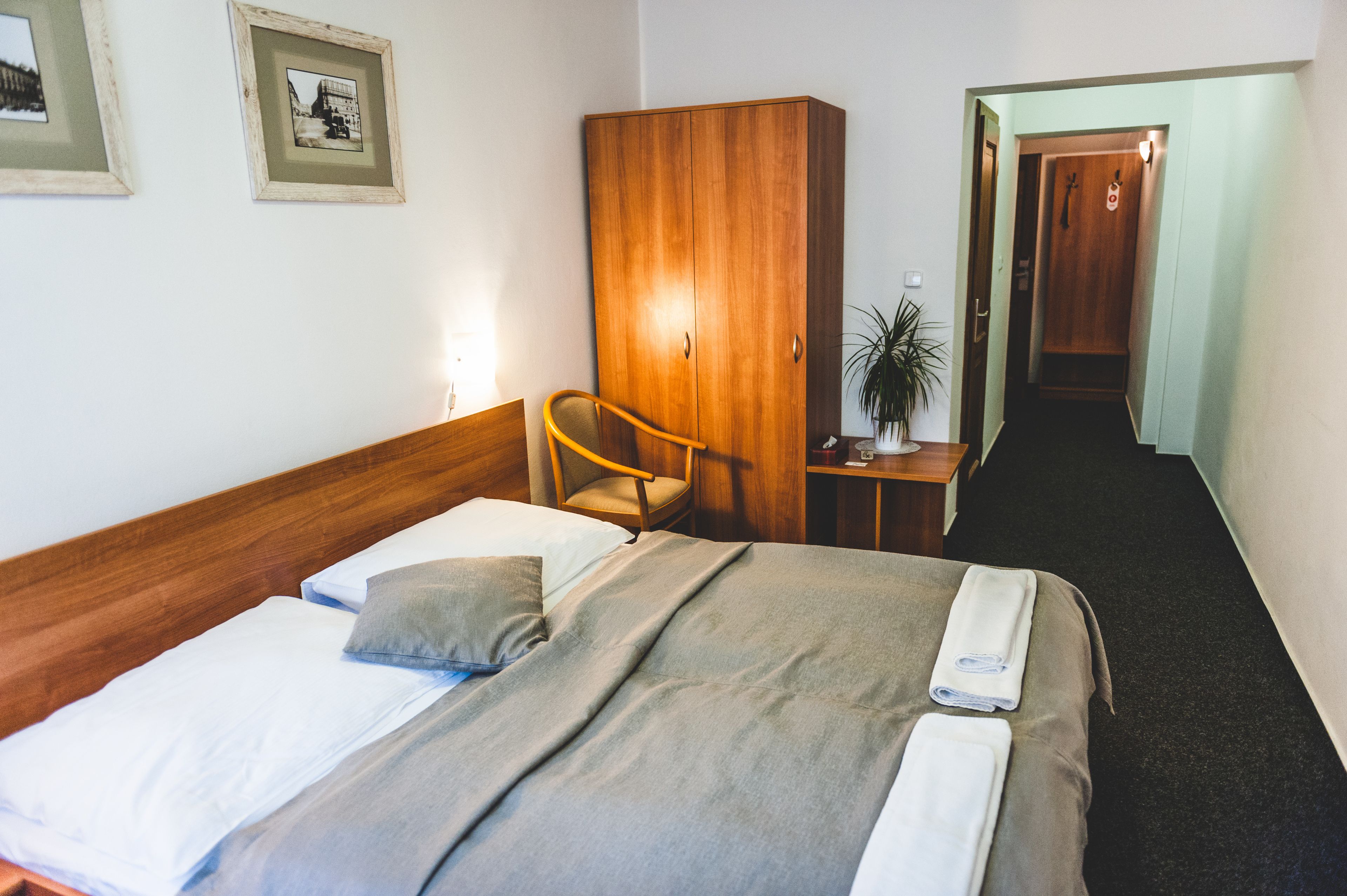 A hotel room with a bed, a wooden wardrobe, a desk with a chair, and a potted plant.