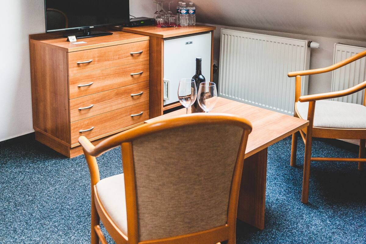 A room with a sloped ceiling, skylights, a wooden desk, a television, a cabinet, and two chairs.