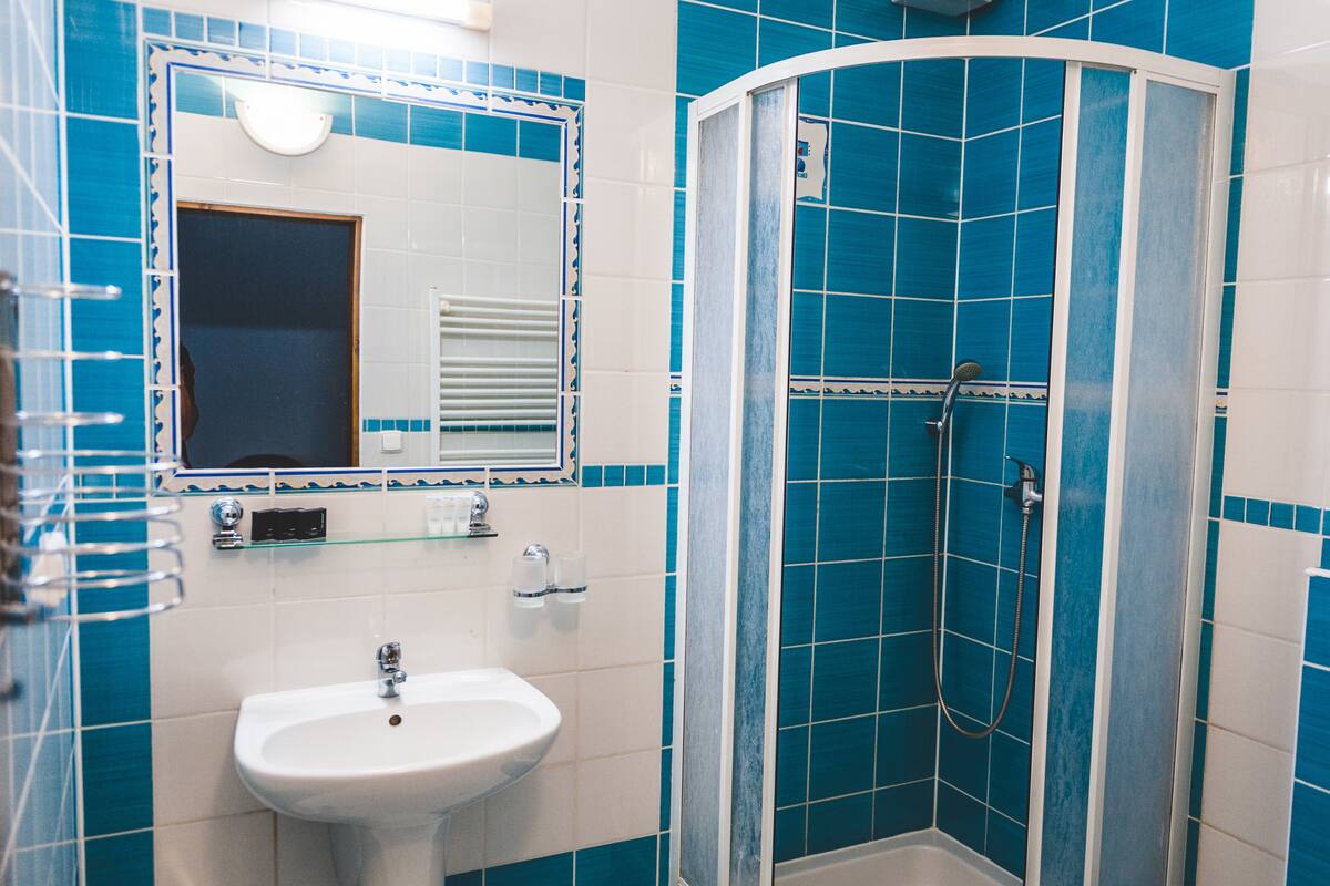 twin room | bathroom | shower, free toiletries, hair dryer, towels