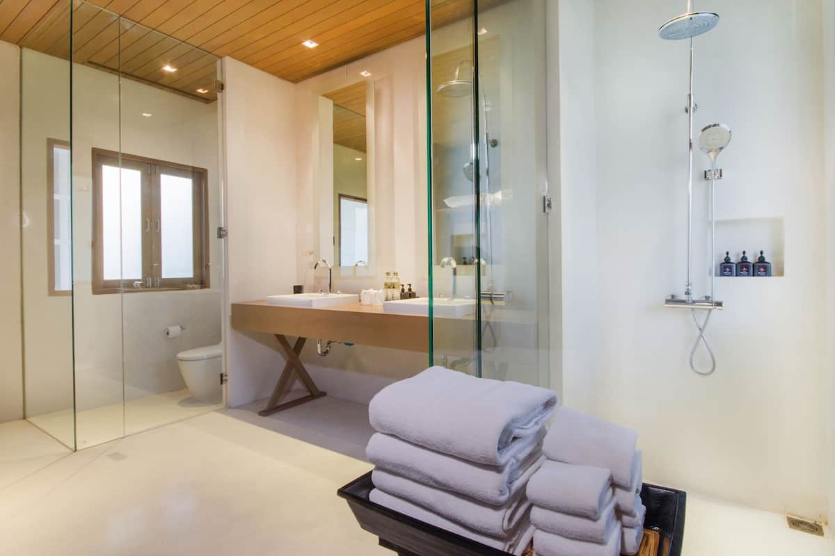 A modern bathroom with a glass-enclosed shower, a wooden ceiling, and a vanity with two sinks.