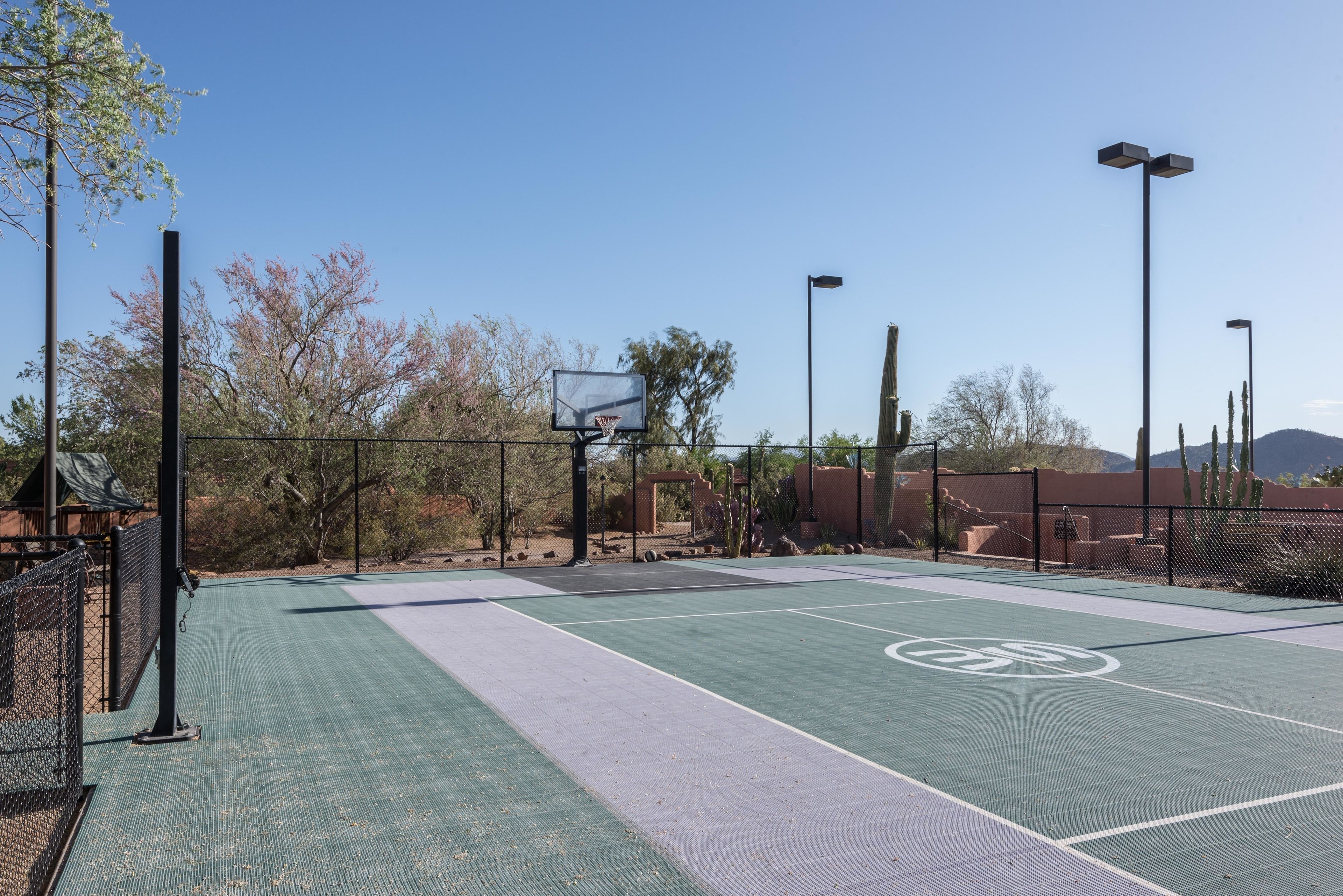 Una cancha de baloncesto al aire libre con superficie verde, un aro de baloncesto y vallas alrededor.