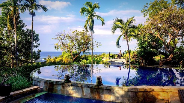 A pool with a view of the ocean, surrounded by palm trees and greenery. - Zen Resort Bali (Buleleng)