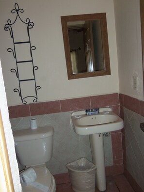 A bathroom with a toilet, sink, mirror, and a decorative metal ladder. - Casa Margarita Hotel (Rincon de Guayabitos)