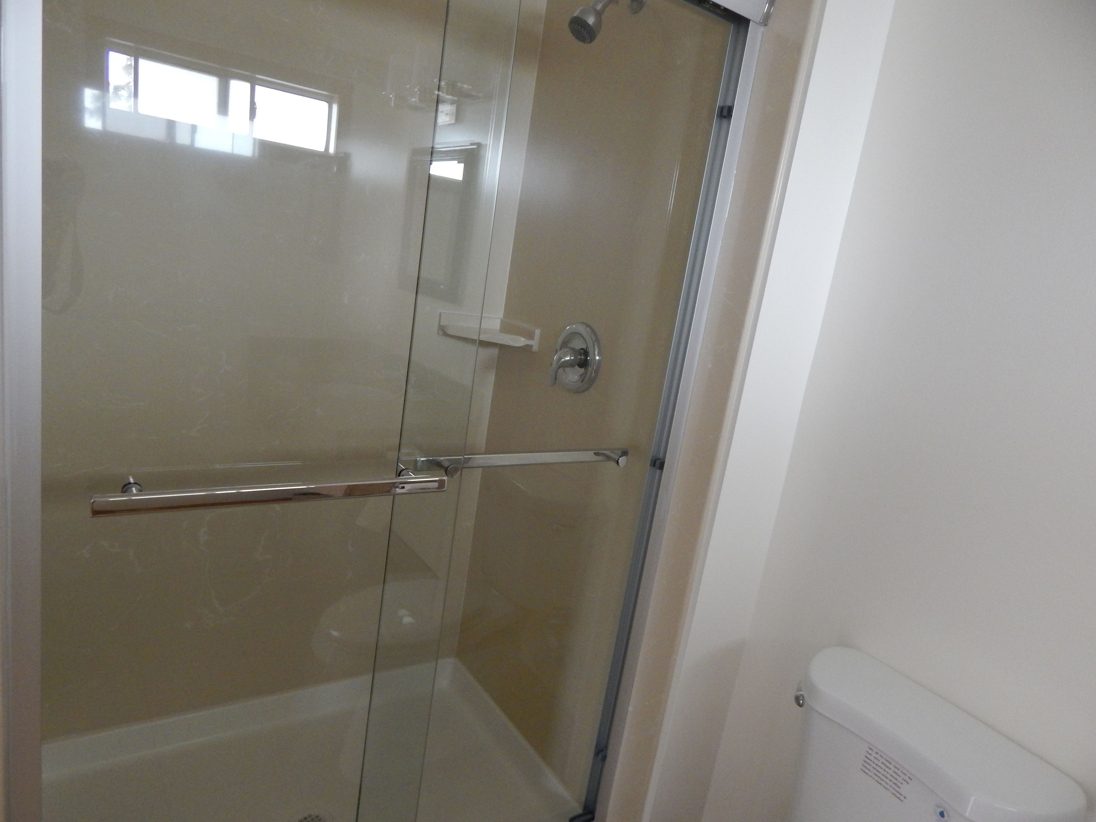 A glass-enclosed shower stall with a handrail, a toilet, and a white wall.
