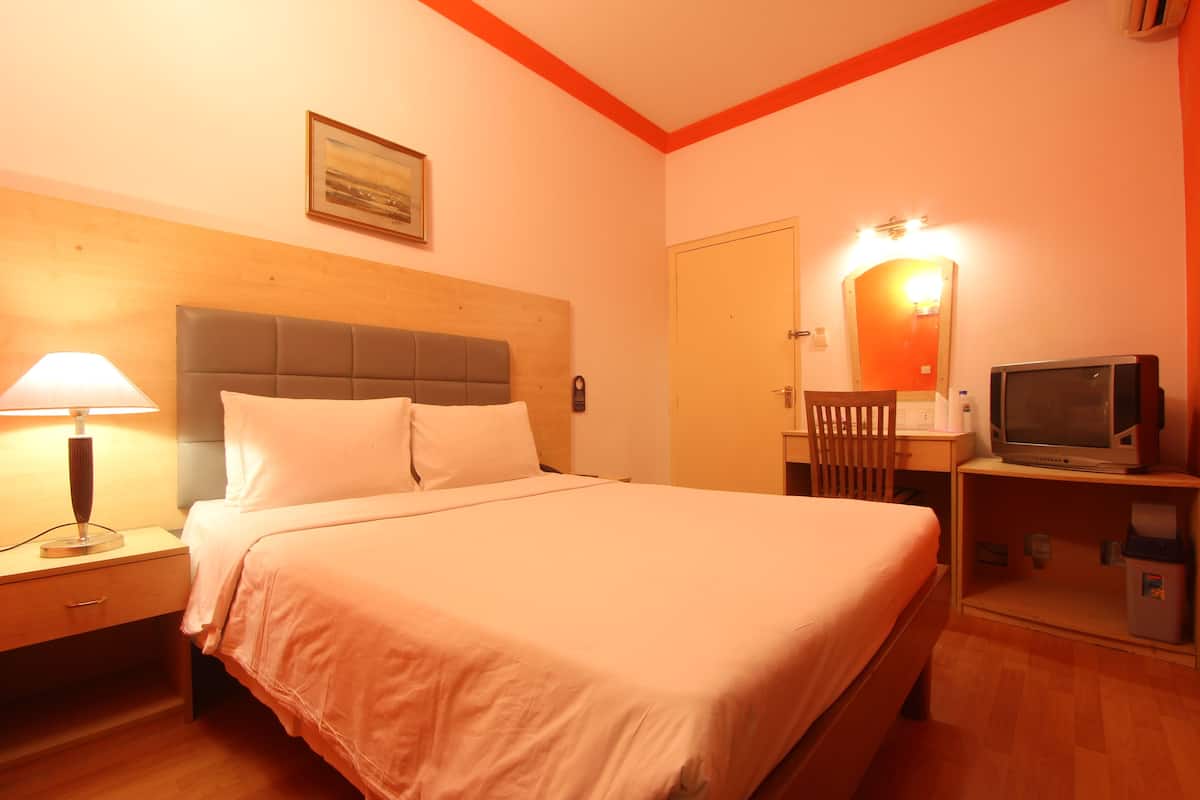 A hotel room with a bed, a nightstand with a lamp, a television, and a door with a mirror.