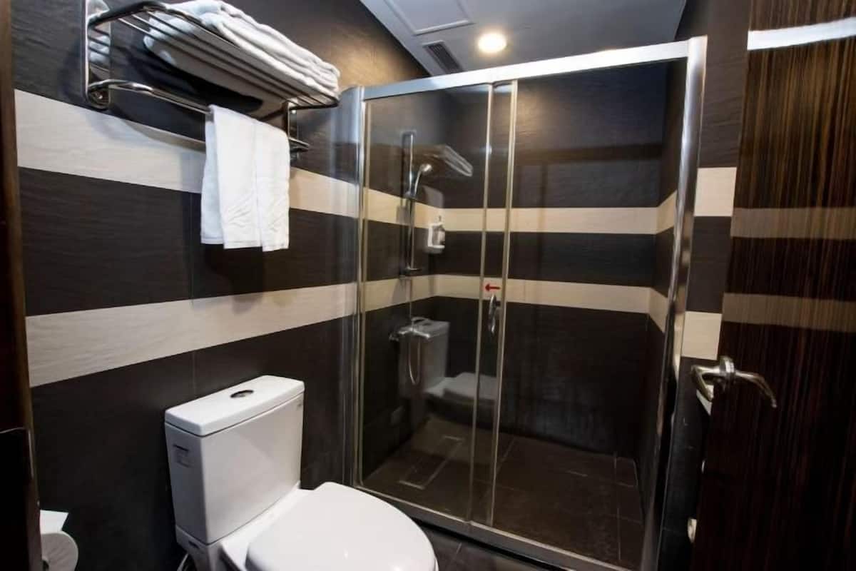 A shower with glass doors, a toilet, and a towel rack.