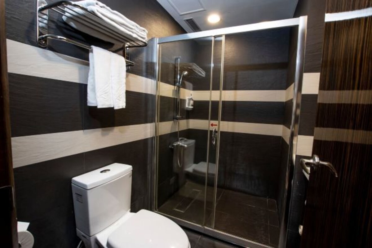 A modern bathroom with a glass-enclosed shower, a white toilet, and a towel rack with folded towels.
