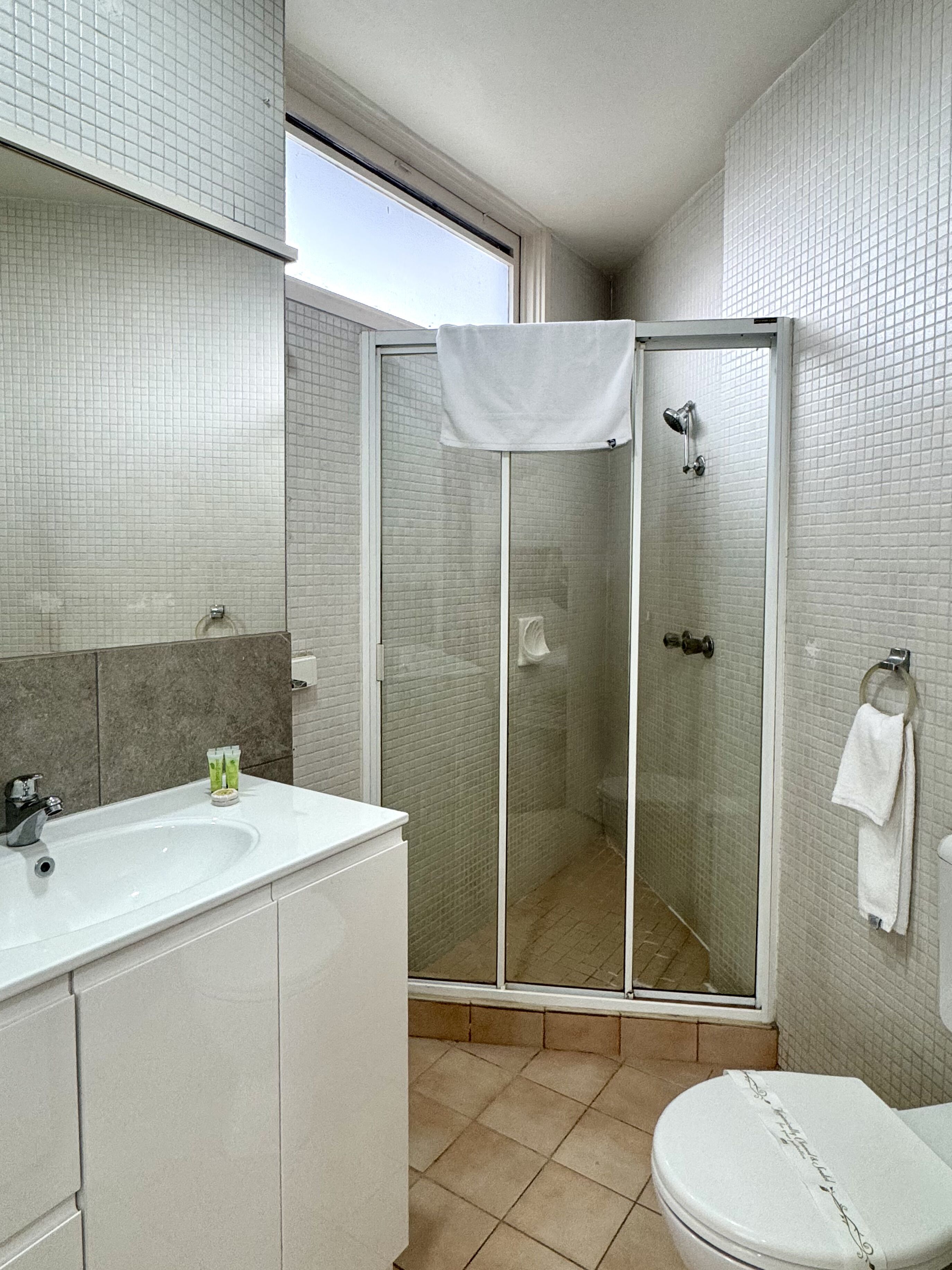 A bathroom with a glass-enclosed shower, a sink, and a toilet.