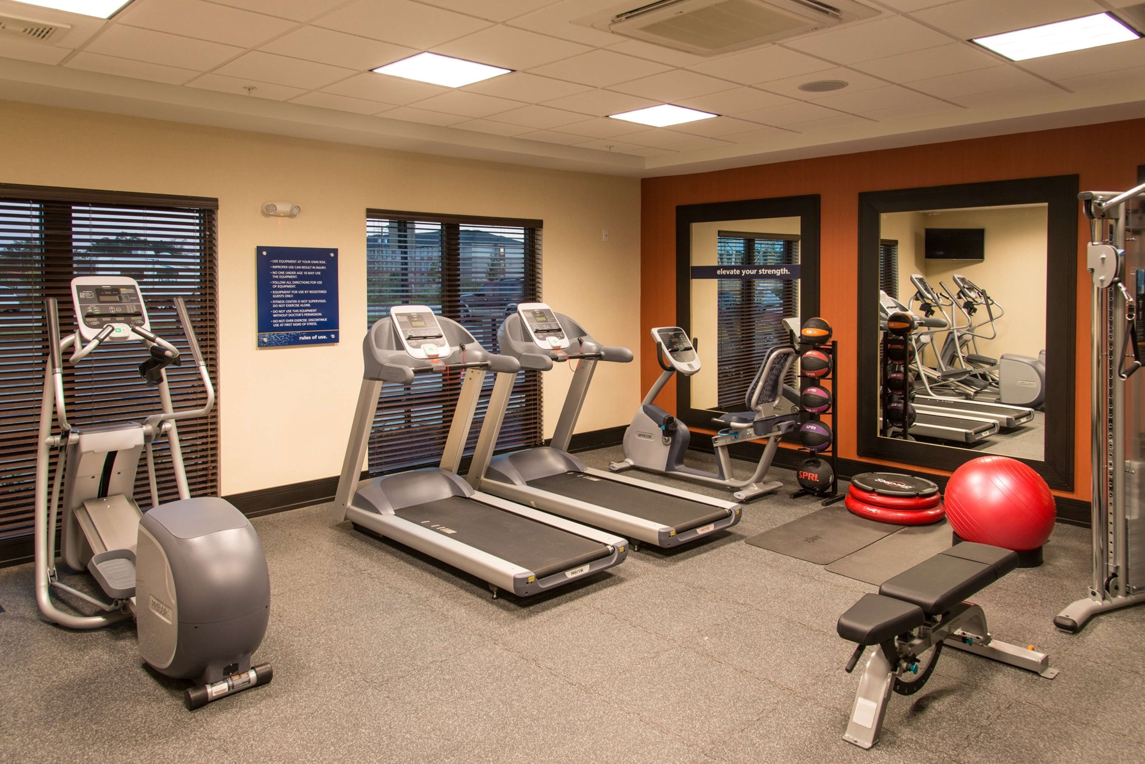 A gym with treadmills, a stationary bike, a rowing machine, a bench, and a red exercise ball.