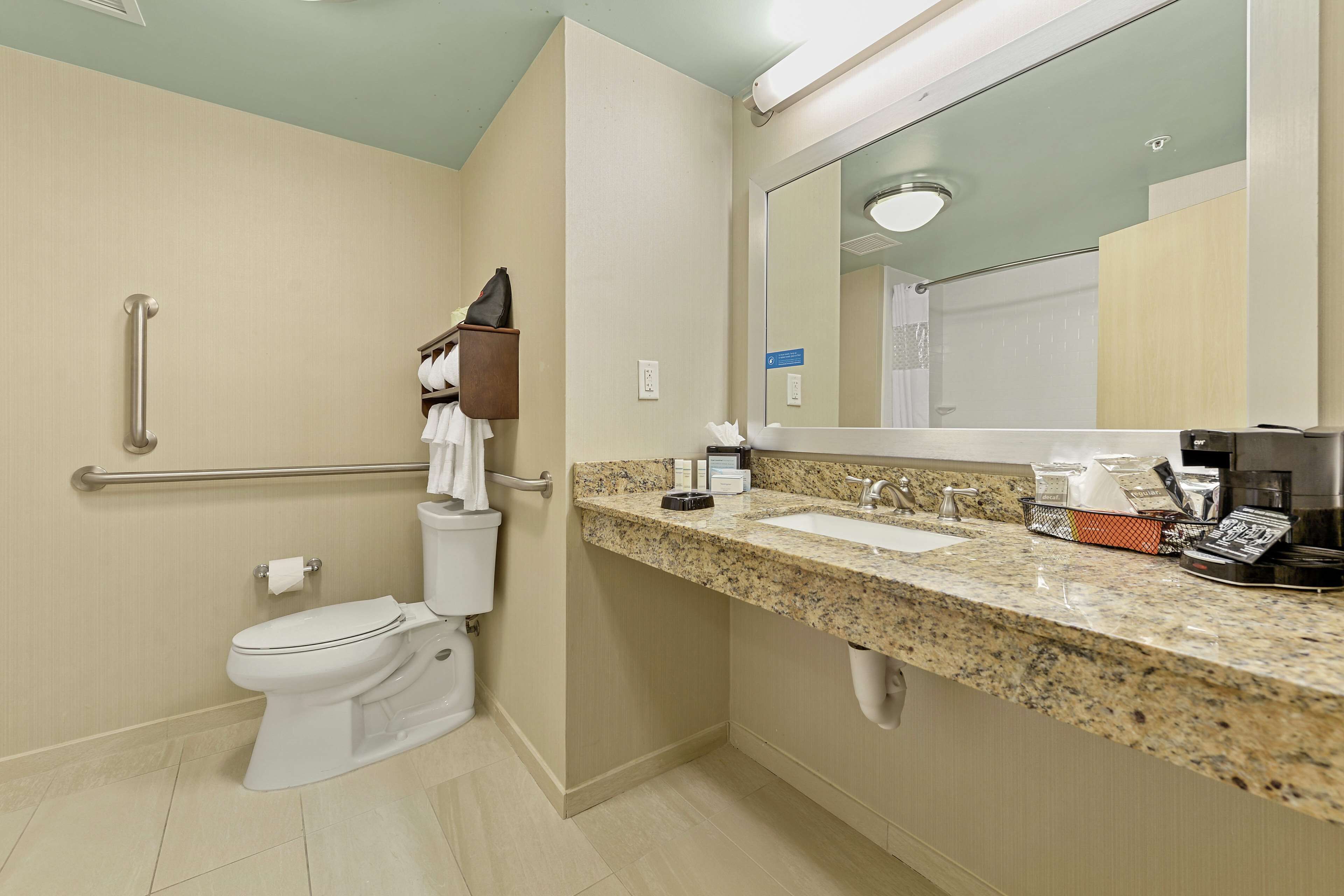 A bathroom with a toilet, grab bars, a sink, a mirror, and a coffee maker.