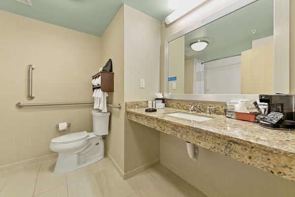 A bathroom with a toilet, grab bars, a sink, a mirror, and a coffee maker.
