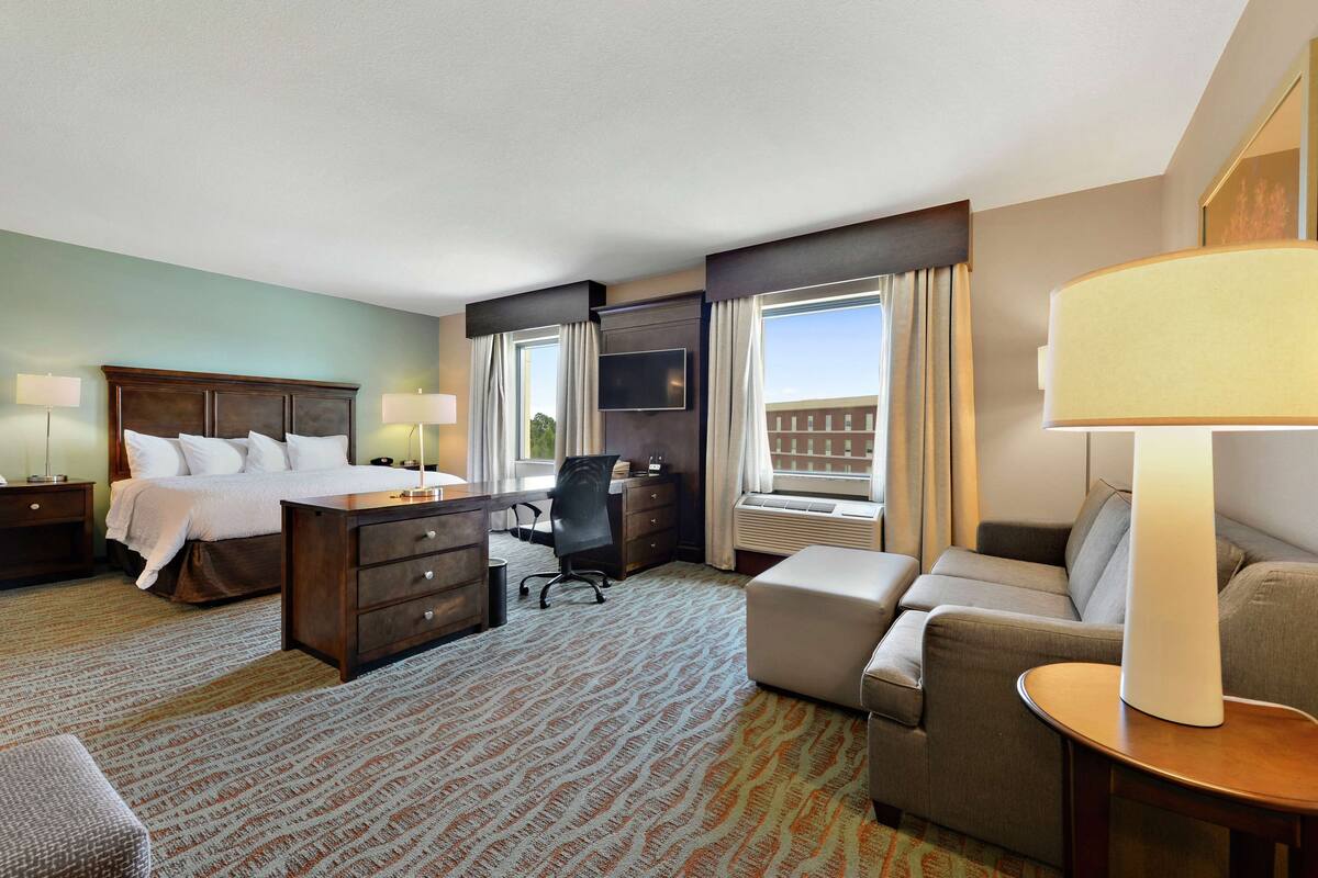 Een hotelkamer met een bed, een bureau, een stoel, een bank en een televisie.