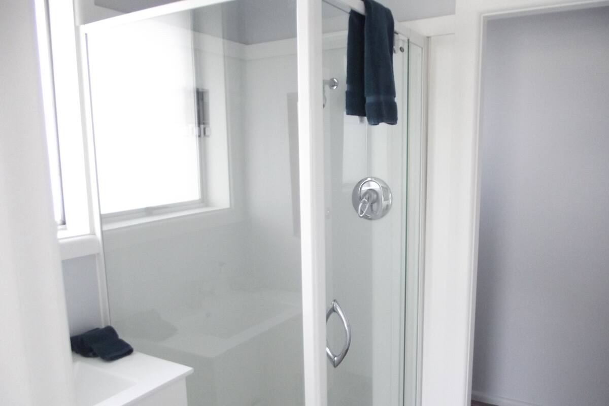 A modern bathroom with a glass shower enclosure, a white sink, and a towel hanging on the shower door.