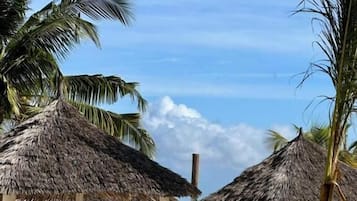 Una playa con sombrillas de paja y sillas de descanso, cielo despejado y mar tranquilo.