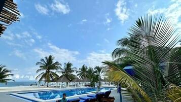 Zona de piscina con sillas de descanso y una palmera.