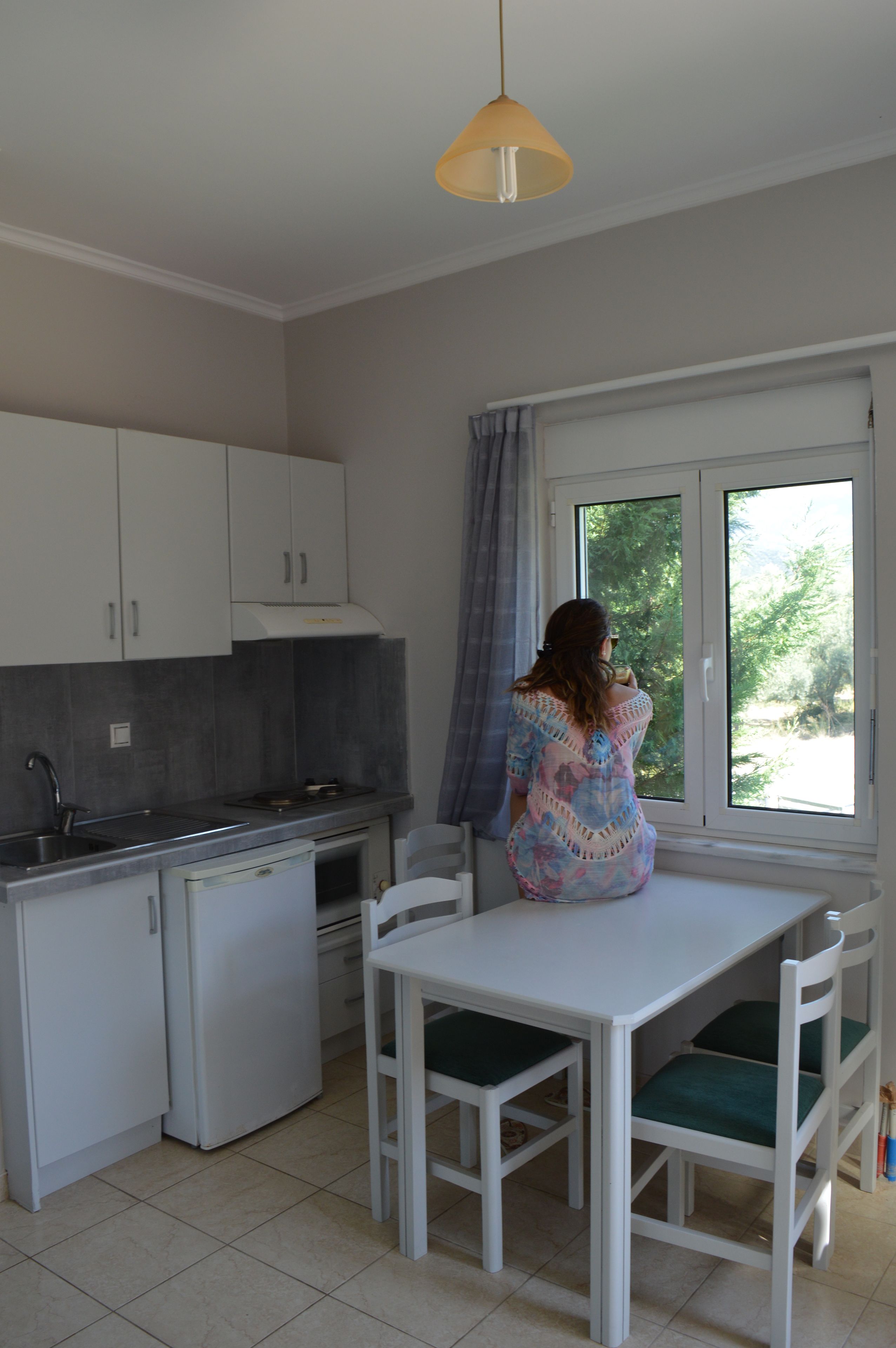 A compact kitchen with white cabinets, a sink, and a window overlooking greenery.