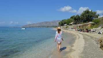 On the beach, sun-loungers, beach umbrellas, beach towels