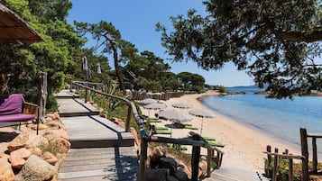 On the beach, sun-loungers, beach umbrellas, beach towels