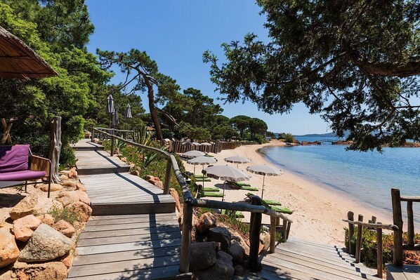 On the beach, sun-loungers, beach umbrellas, beach towels