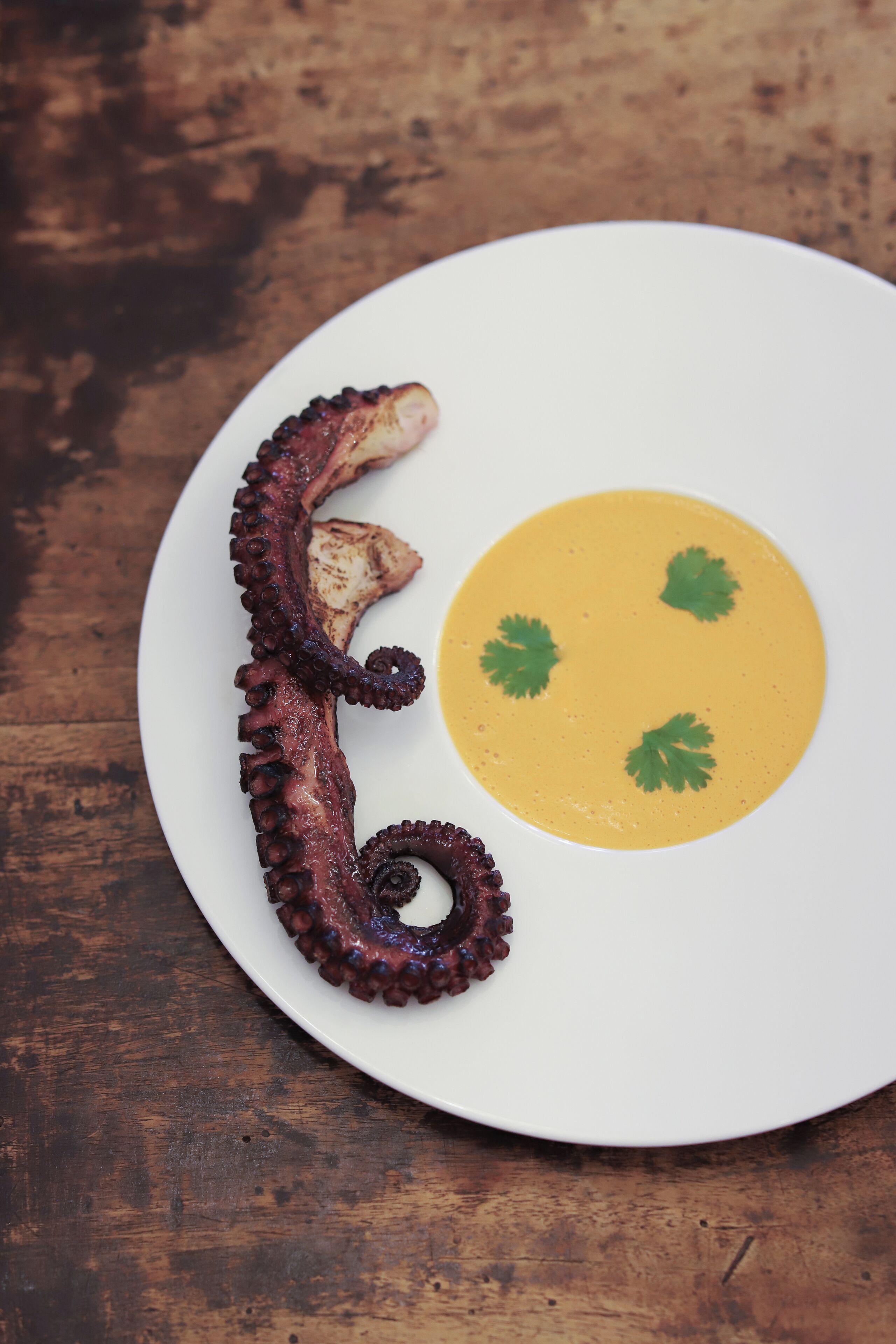 Un plato de pulpo y una sopa amarilla adornada con perejil.