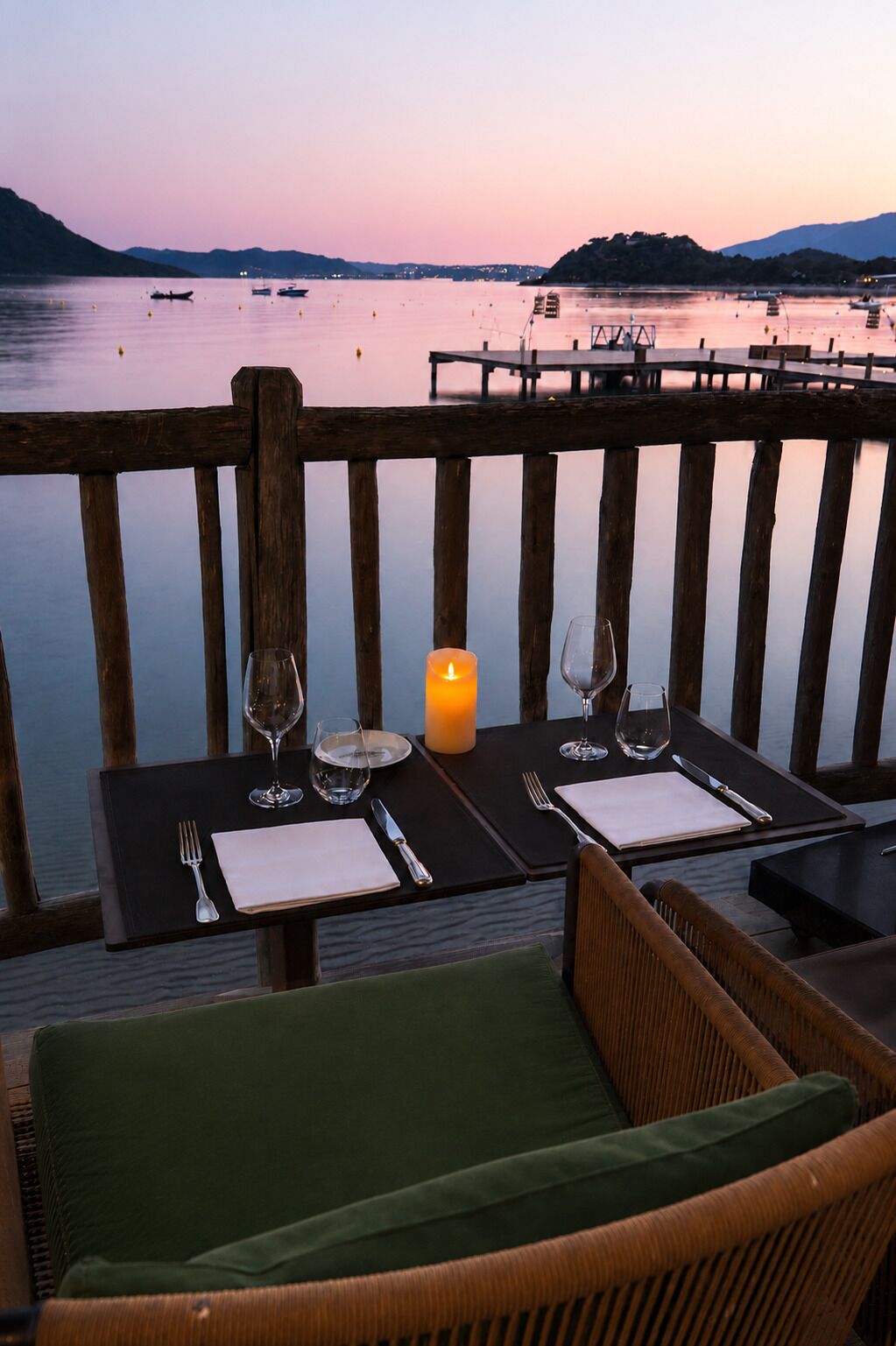 Mesa de comedor preparada para dos con una vela, copas y cubiertos, con vistas a una masa de agua tranquila donde se ven barcos y un muelle al fondo.