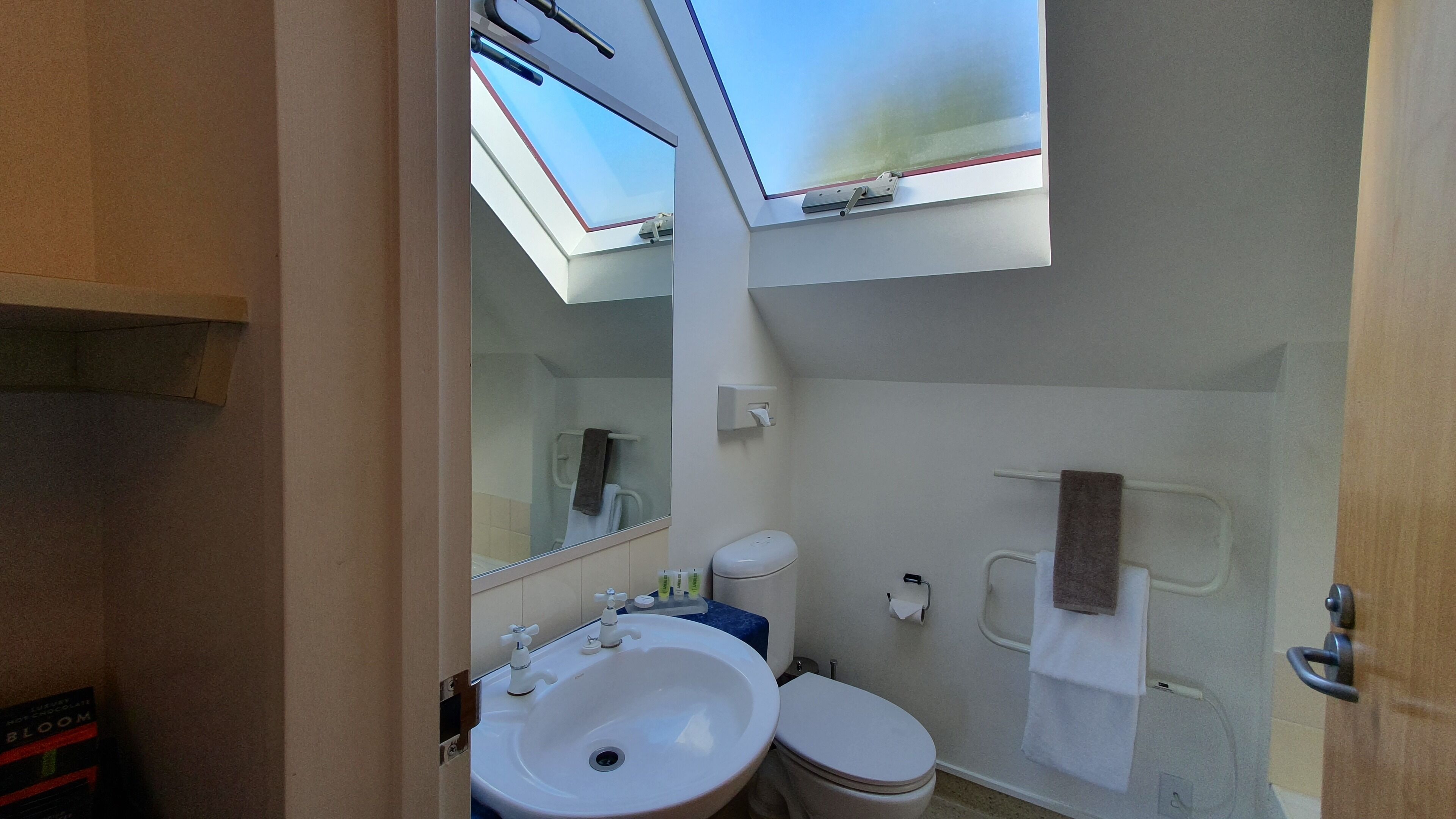 A bathroom with a skylight, a sink, a toilet, and a towel rack.