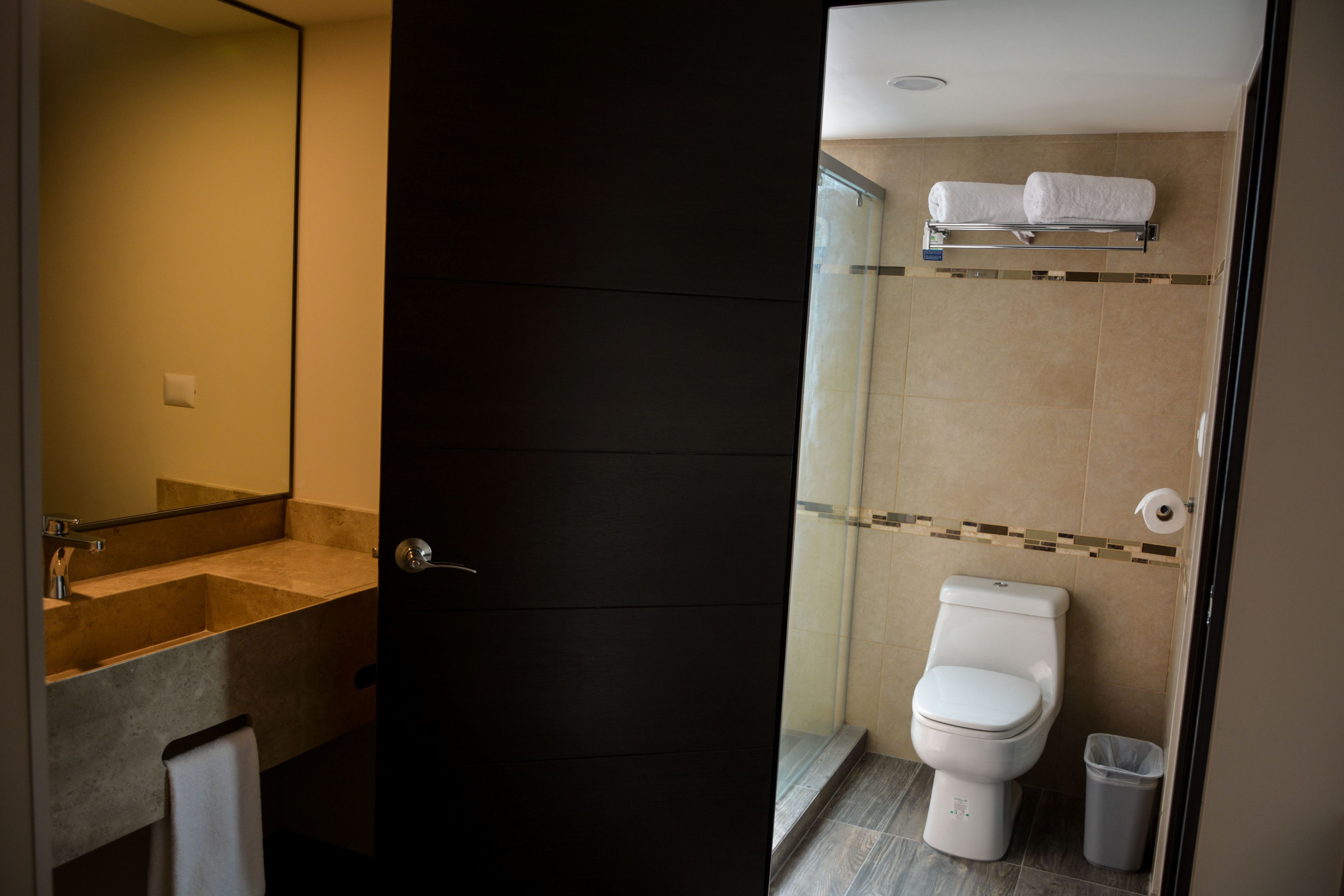 designer toiletries, towels, soap, shampoo