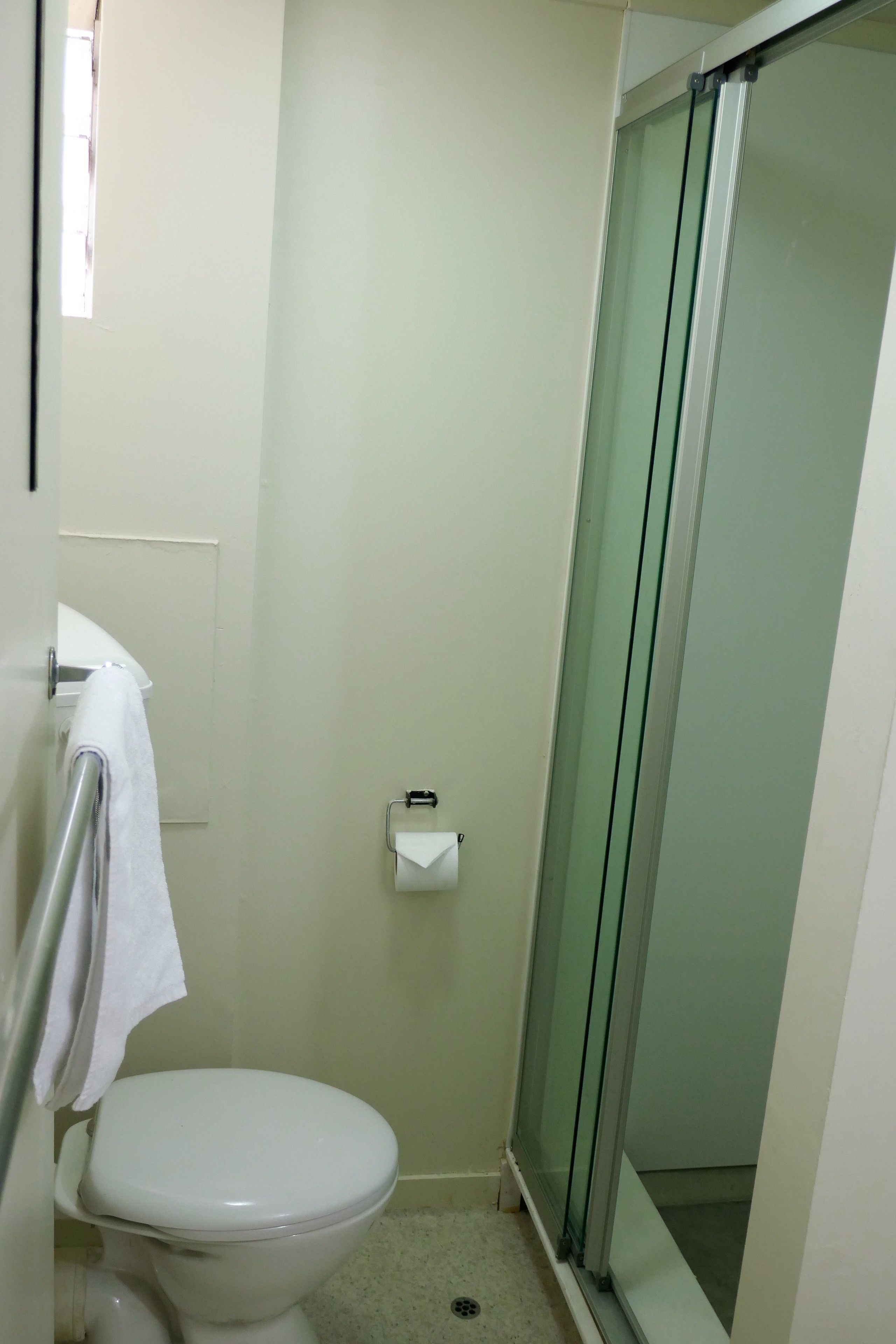 A bathroom with a toilet, a glass shower enclosure, and a towel rack.
