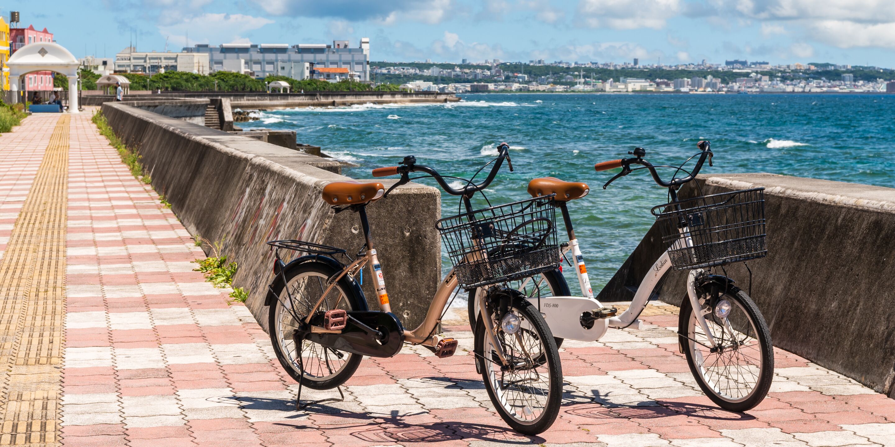 Two bicycles parked on a paved walkway by the sea, with a cityscape in the background.