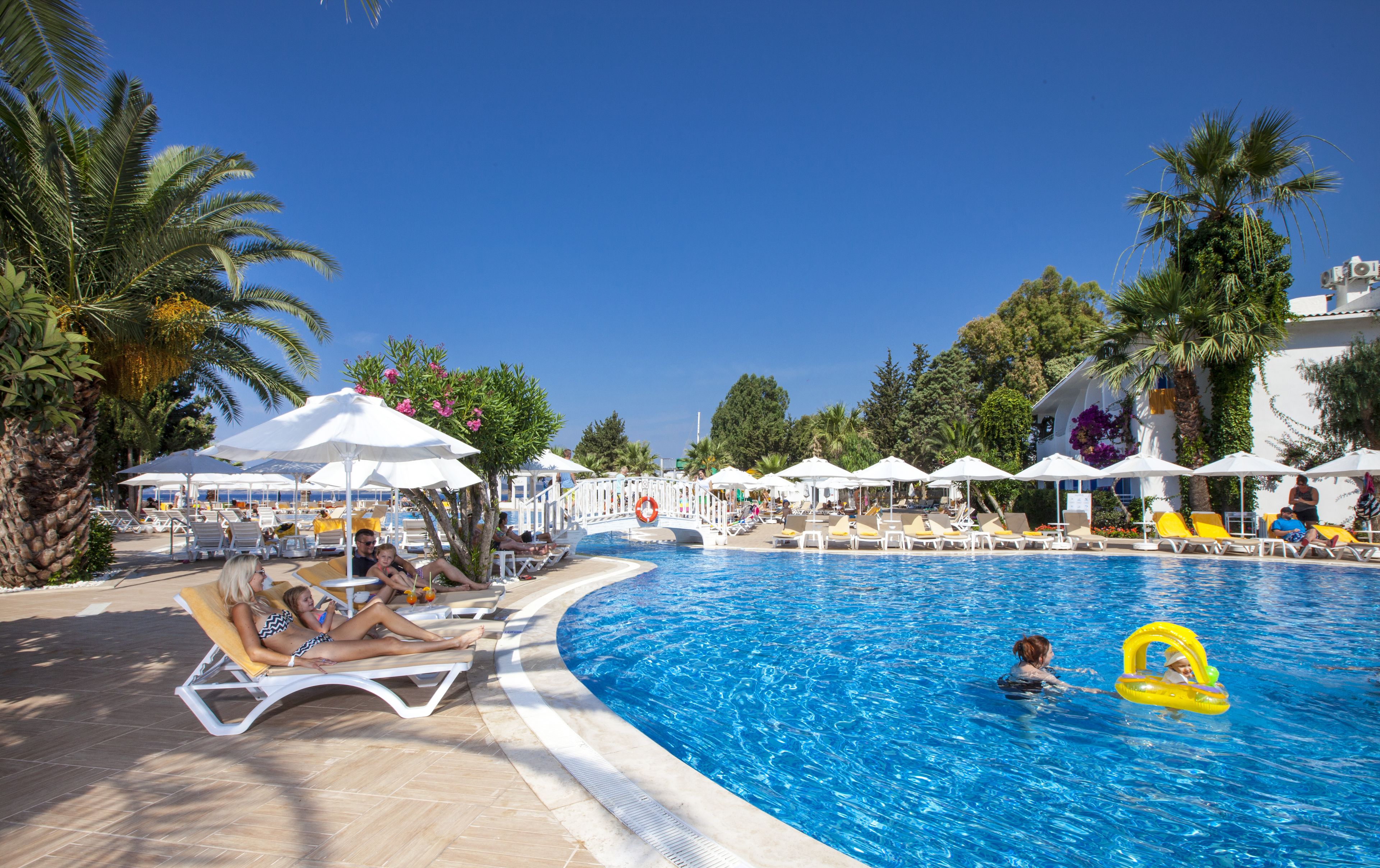 A pool area with lounge chairs and umbrellas, surrounded by palm trees and a clear blue sky.