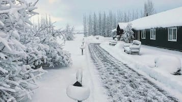 Paisatge cobert de neu amb una casa, un camí i una cadira.