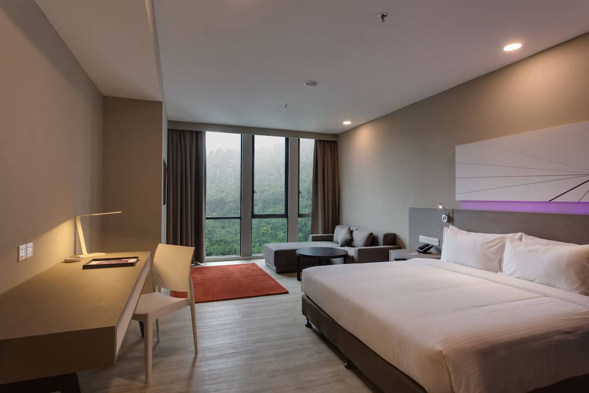 A modern hotel room with a large bed, a desk, and a view of the outdoors.