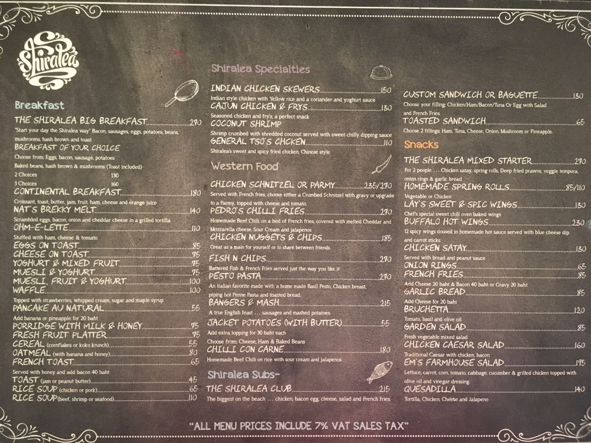A restaurant menu with various breakfast and lunch options, including items like 'Indian Chicken Skewers' and 'Continental Breakfast'.