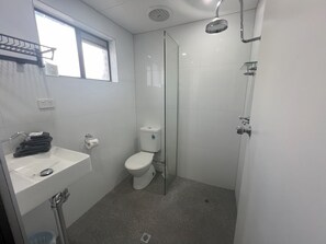 Shower, free toiletries, hair dryer, towels