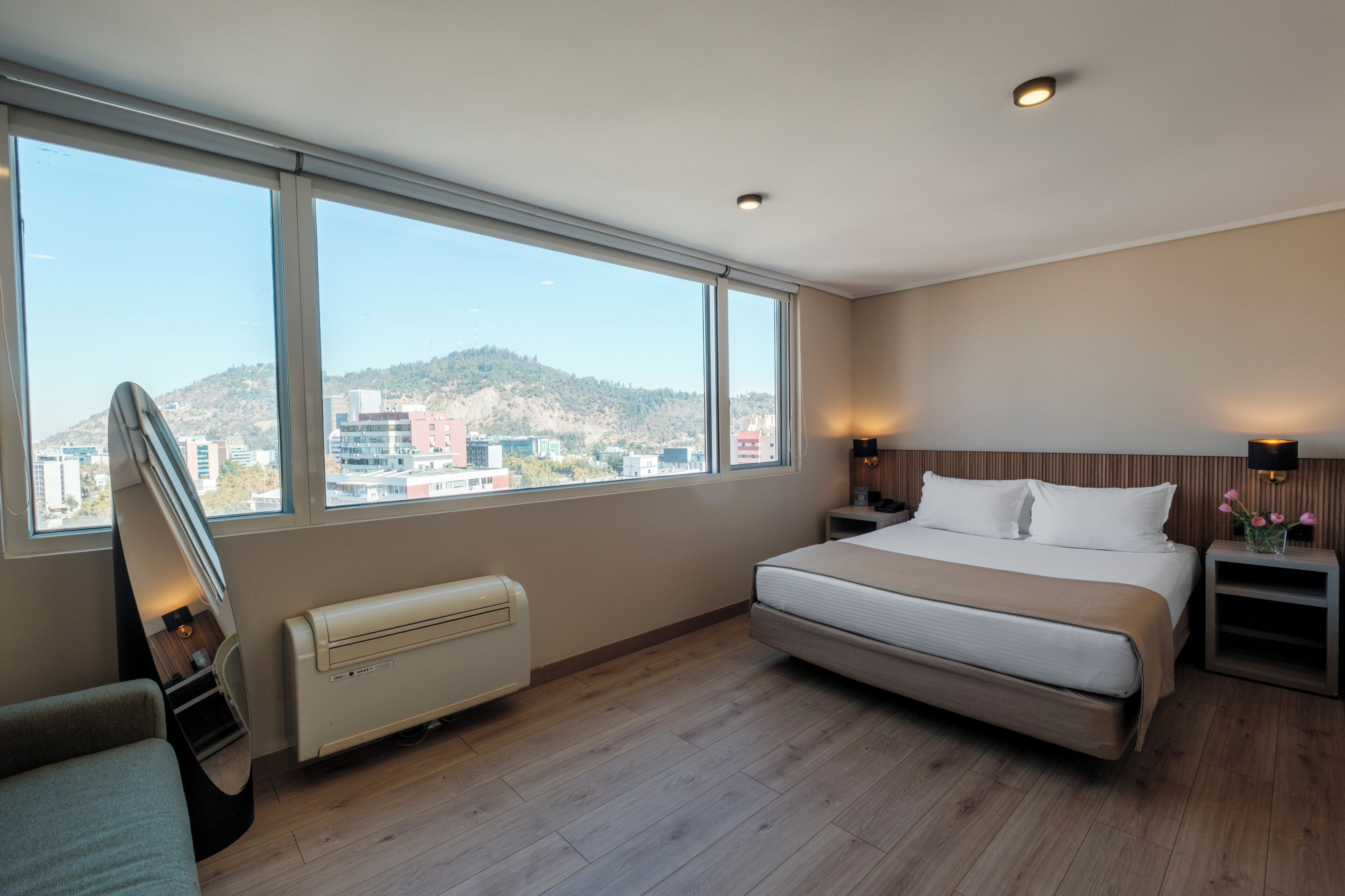 A hotel room with a large bed, a mirror, a heater, and a nightstand with a lamp.